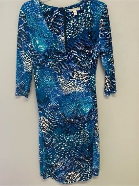 Dana Buchman Blue Teal Printed 3/4 Sleeve Sheath Dress